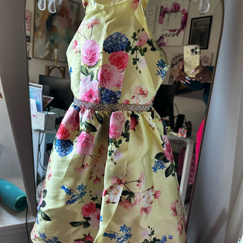 Rare Editions Yellow Floral Dress with Pink and Blue Blooms with rhinestone